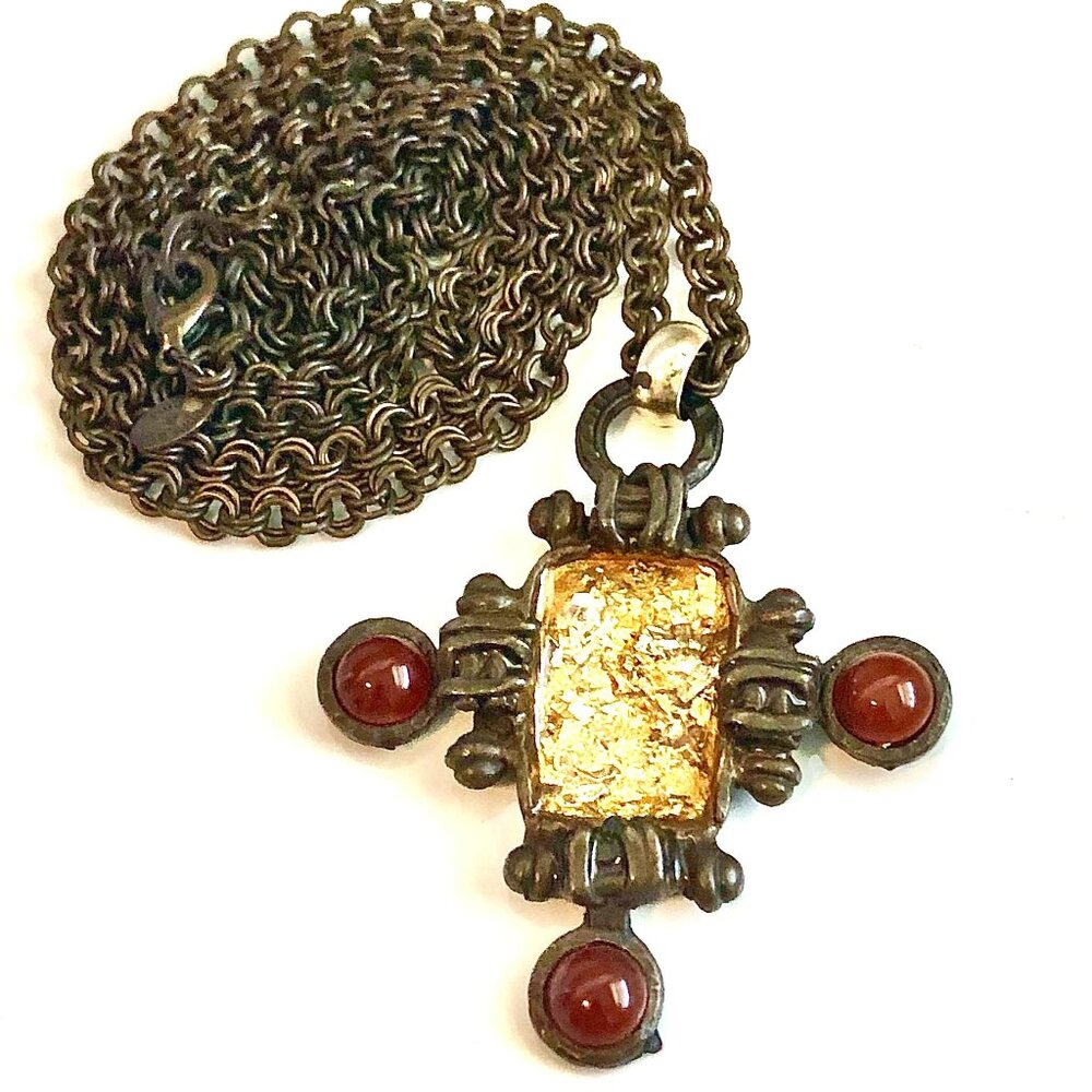 ROBERT ROSE Vintage Y2K 3" Gold Greek Cross Pendant Necklace 36" Bronze Chain